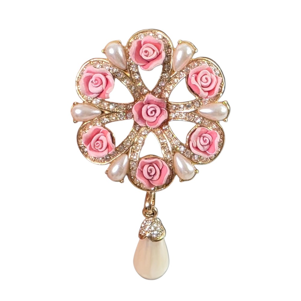 Avon Pink Rose Brooch Faux Pearl Dangle  Gold Tone‎ Rhinestone Pin Cottagecore